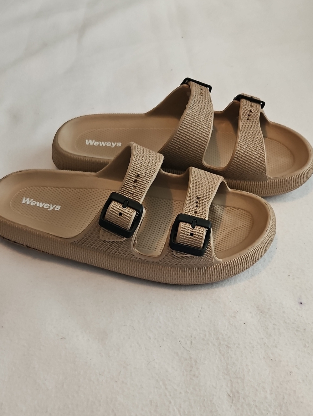 Weweya Two-Buckle Slide Sandals in Beige
